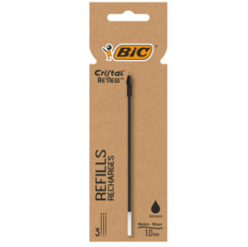 BIC CRISTAL RENEW PENNA A SFERA 1 mm + 2 REFILL INCHIOSTRO NERO